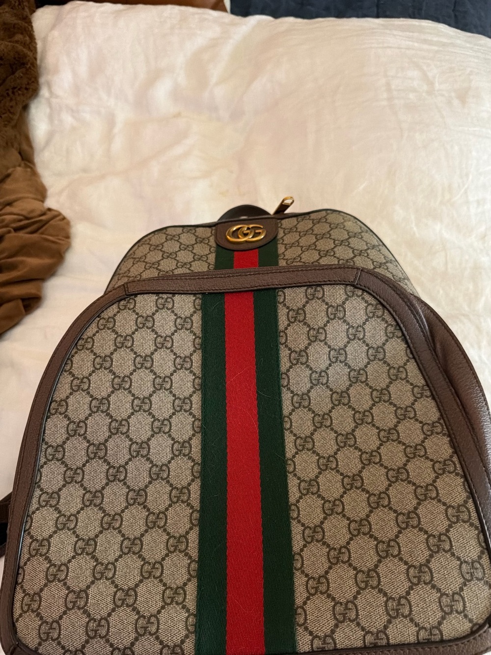 Gucci Brown GG Canvas Backpack with Green & Red Web